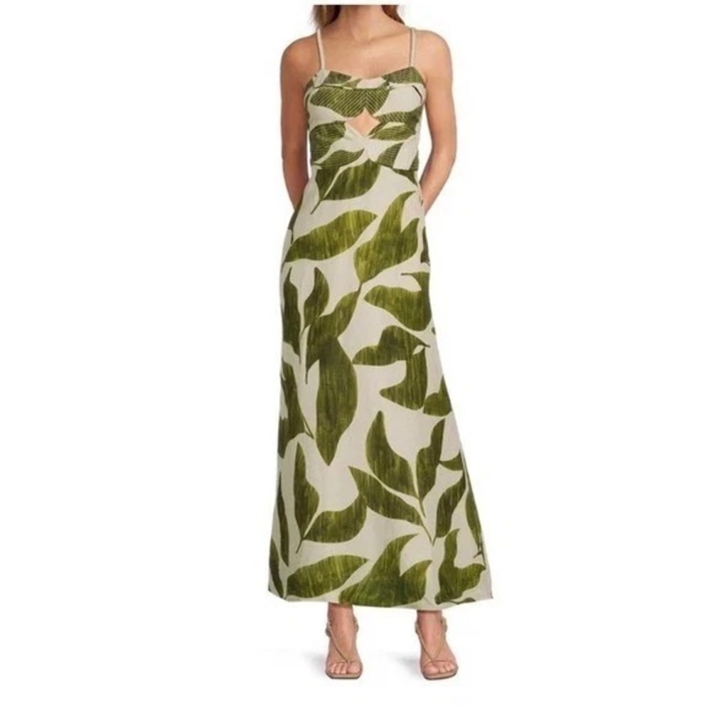 New Antonio Melani M.G. Finley Green Leaf Print Maxi Linen Blnd Keyhole Size 14